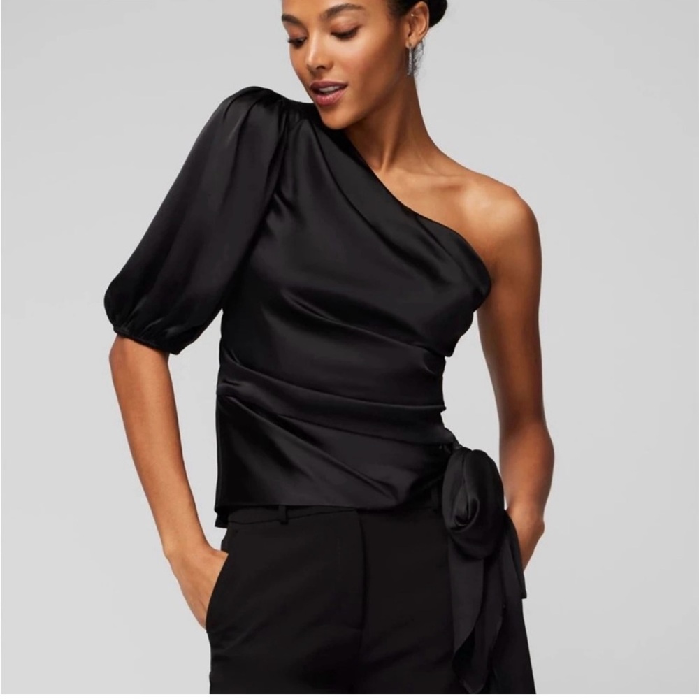 NWT White House Black Market Satin Black One-Shoulder Blouse